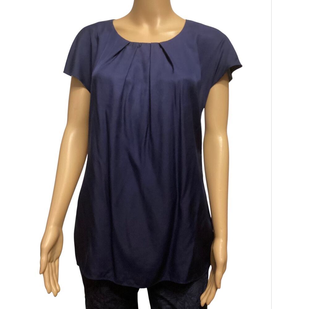 Boden Ravello Silk Blend Pleated Neck Blouse Cap Sleeve Navy Blue Top size 10/M